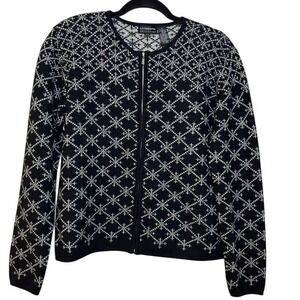 Liz Claiborne Collection Zip Cardigan Small Wool Blend Sparkly Silver Snowflakes